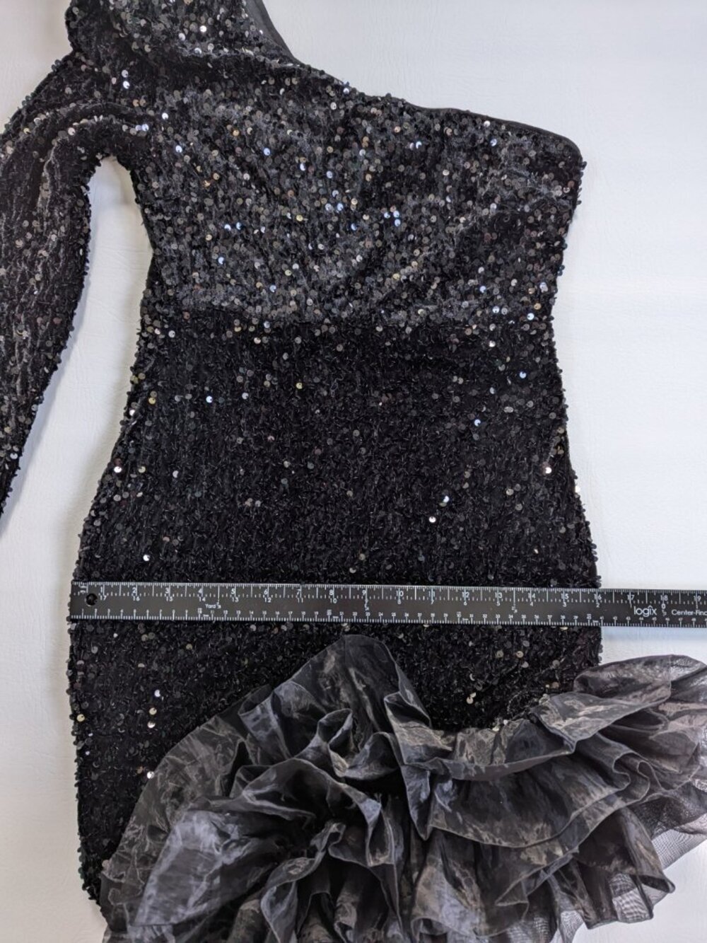 Faeriesty Asymmetrical One Shoulder Long Sleeve Velour Sequin Gown Size Medium - Picture 12 of 16